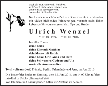 Traueranzeige von Ulrich Wenzel von Ostthüringer Zeitung
