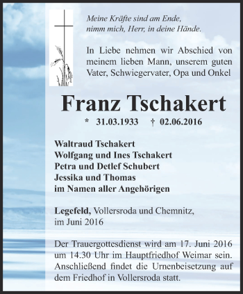 Traueranzeige von Franz Tschakert von Thüringer Allgemeine, Thüringische Landeszeitung