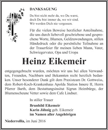 Traueranzeige von Heinz Eikemeir von Thüringer Allgemeine, Thüringische Landeszeitung