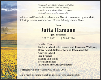 Traueranzeige von Jutta Hamann von Ostthüringer Zeitung