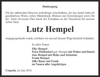 Traueranzeige von Lutz Hempel von Ostthüringer Zeitung, Thüringische Landeszeitung