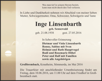 Traueranzeige von Inge Linsenbarth von Thüringer Allgemeine