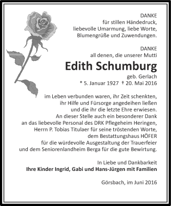 Traueranzeige von Edith Schumburg von Thüringer Allgemeine