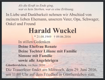 Traueranzeige von Harald Wuckel von Ostthüringer Zeitung, Thüringische Landeszeitung