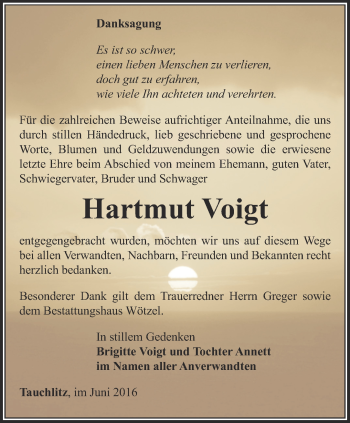 Traueranzeige von Hartmut Voigt von Ostthüringer Zeitung