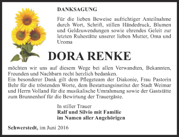 Traueranzeige von Dora Renke von Thüringer Allgemeine, Thüringische Landeszeitung