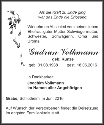 Traueranzeige von Gudrun Volkmann von Thüringer Allgemeine, Thüringische Landeszeitung