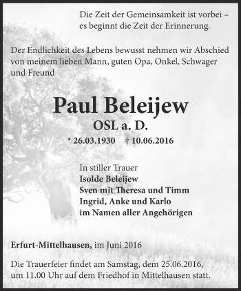 Traueranzeige von Paul Beleijew von Thüringer Allgemeine, Thüringische Landeszeitung