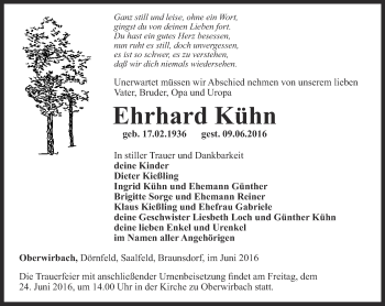 Traueranzeige von Ehrhard Kühn von Ostthüringer Zeitung