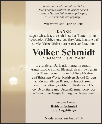 Traueranzeige von Volker Schmidt von Thüringer Allgemeine