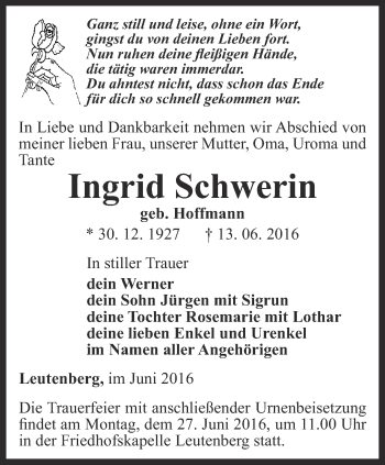 Traueranzeige von Ingrid Schwerin von Ostthüringer Zeitung