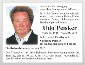 Traueranzeige von Udo Peisker von Ostthüringer Zeitung, Thüringische Landeszeitung