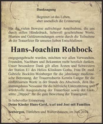 Traueranzeige von Hans-Joachim Rohbock von Ostthüringer Zeitung, Thüringische Landeszeitung