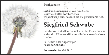 Traueranzeige von Siegfried Schwabe von Thüringer Allgemeine