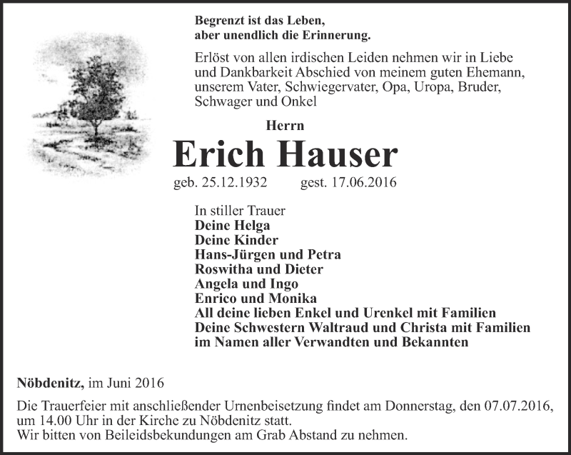  Traueranzeige für Erich Hauser vom 25.06.2016 aus Ostthüringer Zeitung