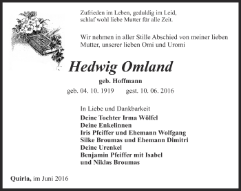 Traueranzeige von Hedwig Omland von Ostthüringer Zeitung