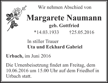 Traueranzeige von Margarete Naumann von Thüringer Allgemeine