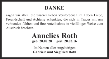 Traueranzeige von Annelies Roth von Thüringer Allgemeine, Thüringische Landeszeitung