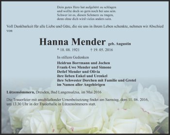 Traueranzeige von Hanna Mender von Thüringer Allgemeine, Thüringische Landeszeitung