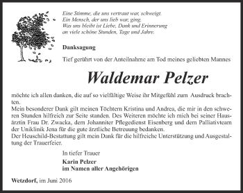 Traueranzeige von Waldemar Pelzer von Ostthüringer Zeitung