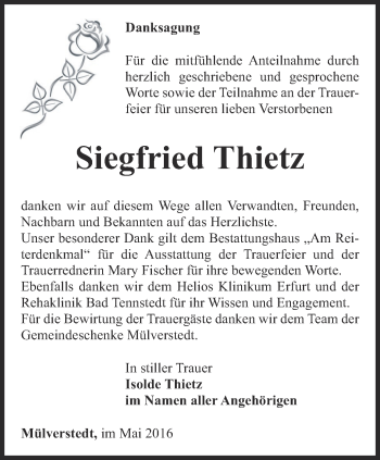 Traueranzeige von Siegfried Thietz von Thüringer Allgemeine, Thüringische Landeszeitung