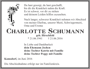 Traueranzeige von Charlotte Schumann von Ostthüringer Zeitung