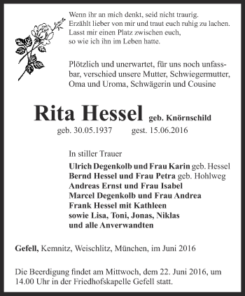 Traueranzeige von Rita Hessel von Ostthüringer Zeitung