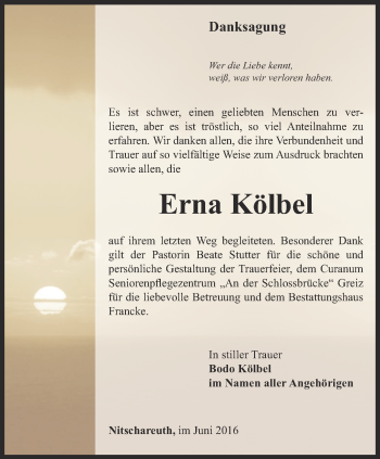 Traueranzeige von Erna Kölbel von Ostthüringer Zeitung