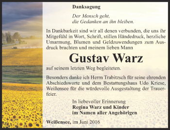 Traueranzeige von Gustav Warz von Thüringer Allgemeine