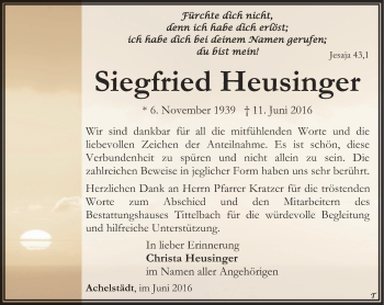 Traueranzeige von Siegfried Heusinger von Thüringer Allgemeine