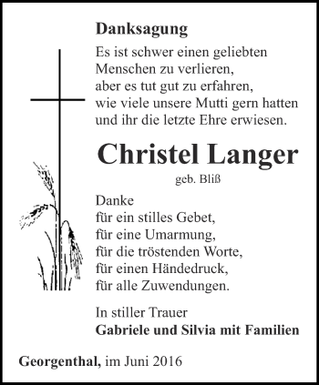 Traueranzeige von Christel Langer von Ostthüringer Zeitung, Thüringische Landeszeitung