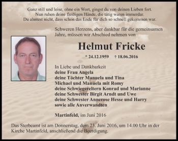 Traueranzeige von Helmut Fricke von Thüringer Allgemeine