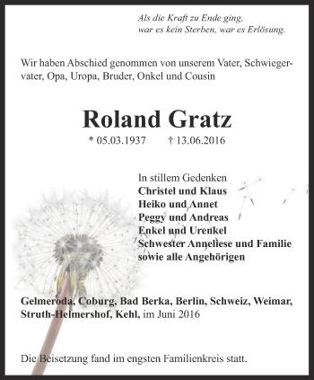 Traueranzeige von Roland Gratz von Thüringer Allgemeine, Thüringische Landeszeitung