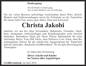 Traueranzeige von Christa Jakobi von Thüringer Allgemeine