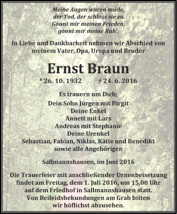 Traueranzeige von Ernst Braun von Thüringer Allgemeine, Thüringische Landeszeitung