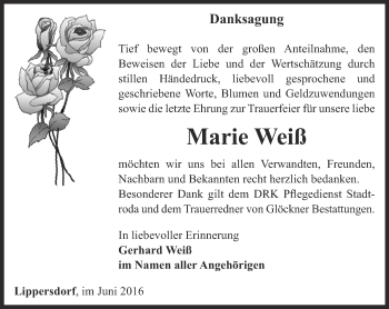 Traueranzeige von Marie Weiß von Ostthüringer Zeitung