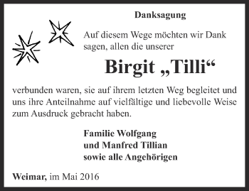 Traueranzeige von Birgit Tillian von Thüringer Allgemeine, Thüringische Landeszeitung