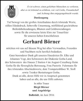 Traueranzeige von Gerhard Börner von Ostthüringer Zeitung, Thüringische Landeszeitung