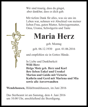 Traueranzeige von Maria Herz von Thüringer Allgemeine, Thüringische Landeszeitung