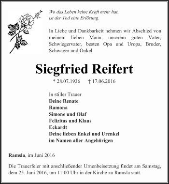 Traueranzeige von Siegfried Reifert von Thüringer Allgemeine, Thüringische Landeszeitung