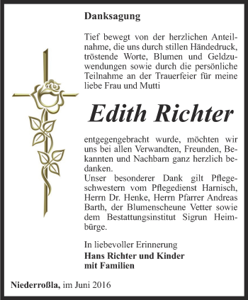 Traueranzeige von Edith Richter von Thüringer Allgemeine, Thüringische Landeszeitung