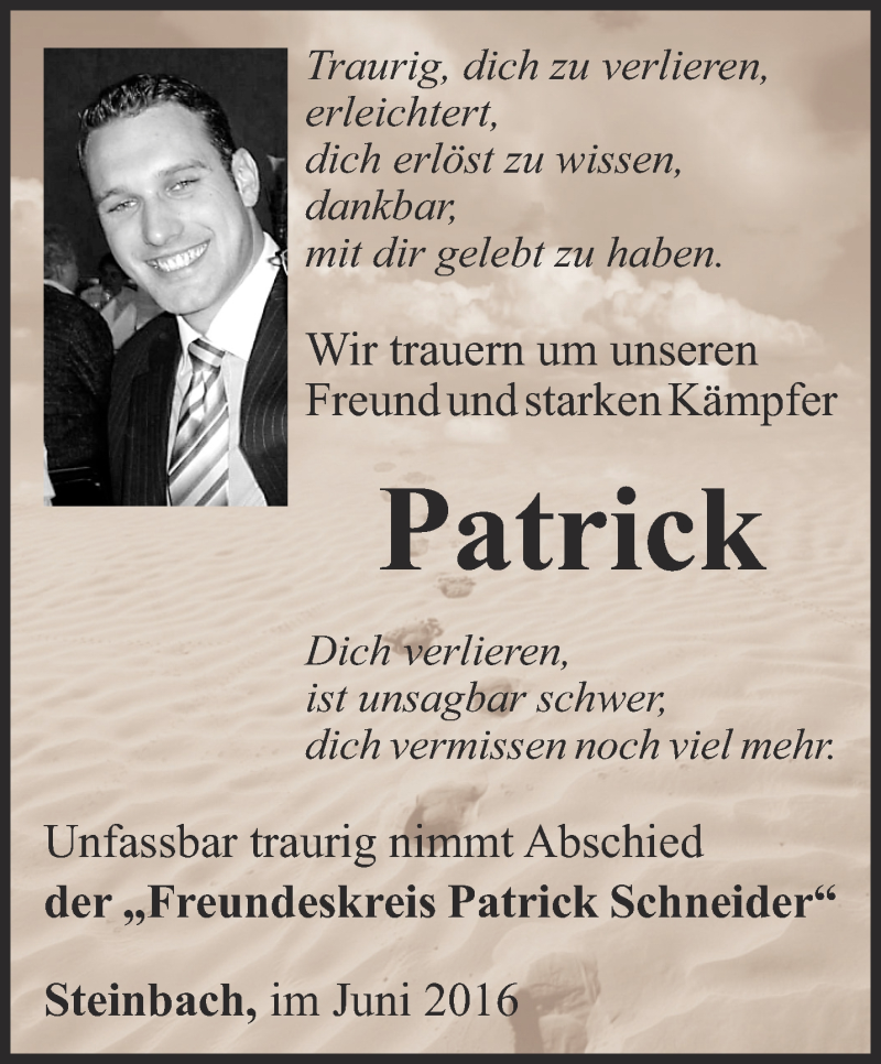  Traueranzeige für Patrick Schneider vom 18.06.2016 aus Thüringer Allgemeine