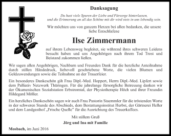 Traueranzeige von Ilse Zimmermann von Thüringer Allgemeine, Thüringische Landeszeitung