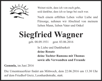 Traueranzeige von Siegfried Wagner von Ostthüringer Zeitung