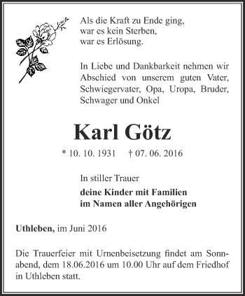 Traueranzeige von Karl Götz von Thüringer Allgemeine