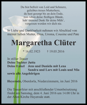 Traueranzeige von Margaretha Clüter von Thüringer Allgemeine, Thüringische Landeszeitung