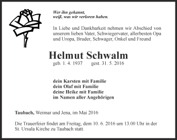 Traueranzeige von Helmut Schwalm von Thüringer Allgemeine, Thüringische Landeszeitung