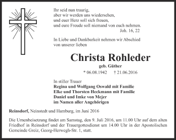 Traueranzeige von Christa Rohleder von Ostthüringer Zeitung