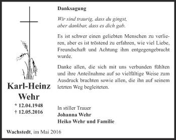 Traueranzeige von Karl-Heinz Wehr von Thüringer Allgemeine