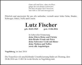 Traueranzeige von Lutz Fischer von Thüringer Allgemeine